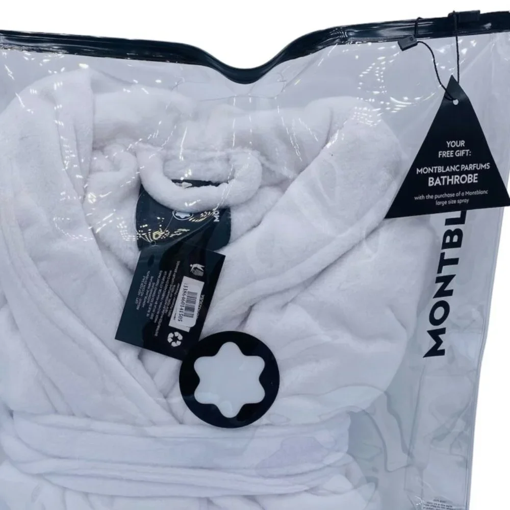 Montblanc Unisex Luxury Bath Robe, White Plush Soft Tie Belt, Spa Lounge - NEW